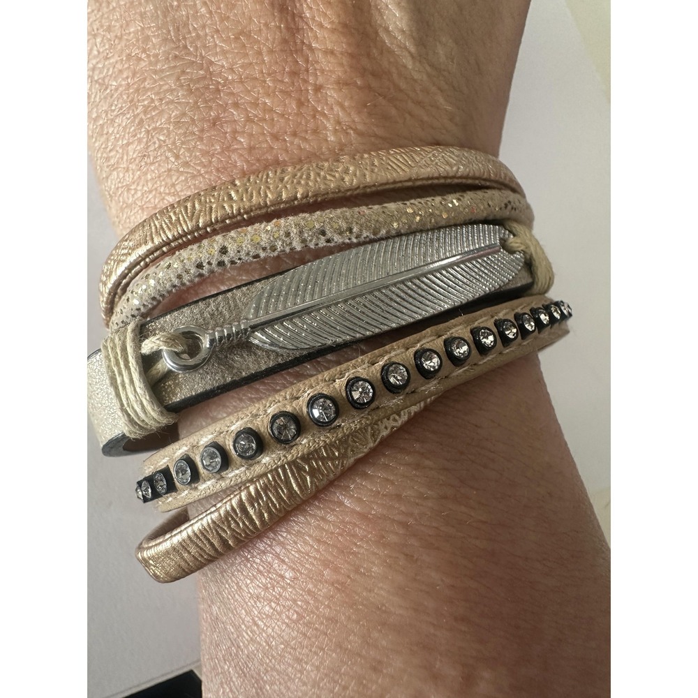 Gold Tone Crystal Feather Wrap Bracelet 7 Inch Boho‎ Festival Layered Statement